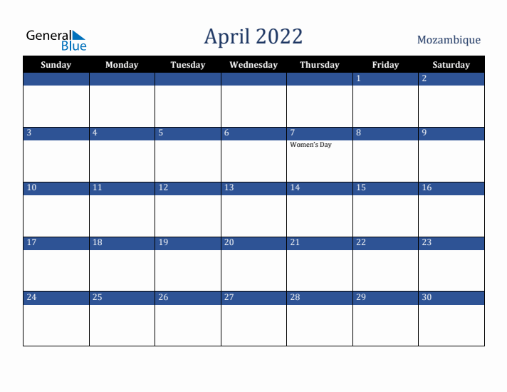 April 2022 Mozambique Calendar (Sunday Start)