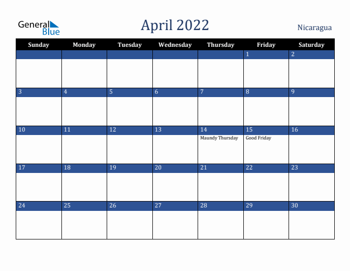 April 2022 Nicaragua Calendar (Sunday Start)