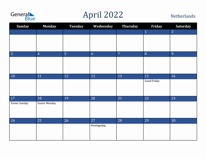 April 2022 The Netherlands Calendar (Sunday Start)
