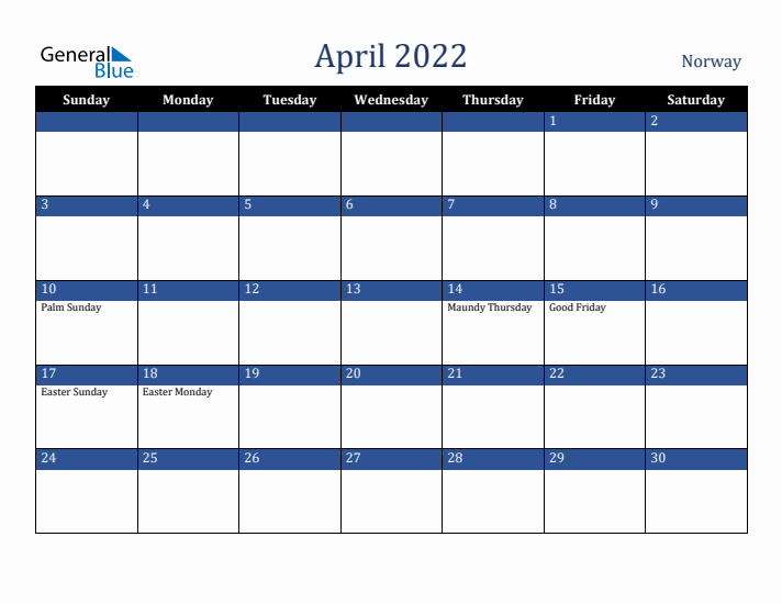 April 2022 Norway Calendar (Sunday Start)