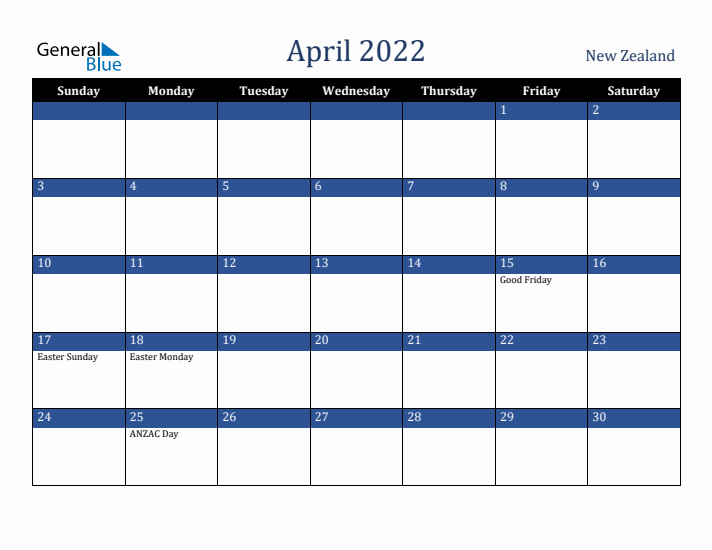 April 2022 New Zealand Calendar (Sunday Start)