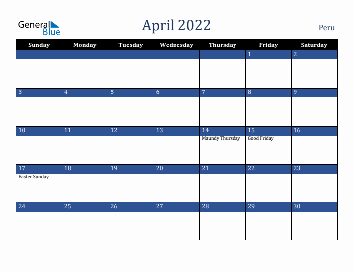 April 2022 Peru Calendar (Sunday Start)