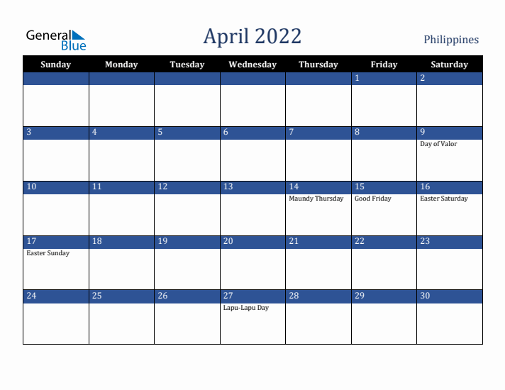 April 2022 Philippines Calendar (Sunday Start)