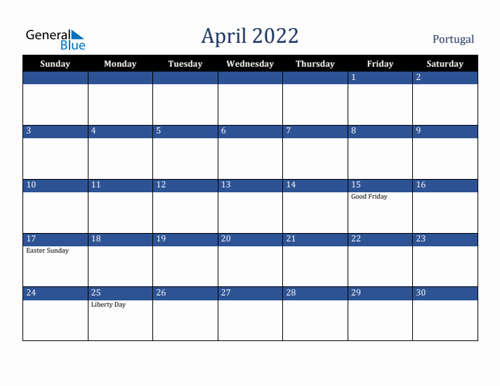 April 2022 Portugal Calendar (Sunday Start)