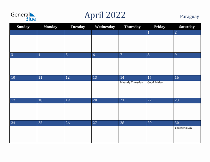 April 2022 Paraguay Calendar (Sunday Start)