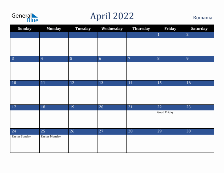 April 2022 Romania Calendar (Sunday Start)