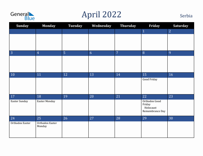 April 2022 Serbia Calendar (Sunday Start)