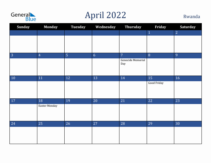 April 2022 Rwanda Calendar (Sunday Start)