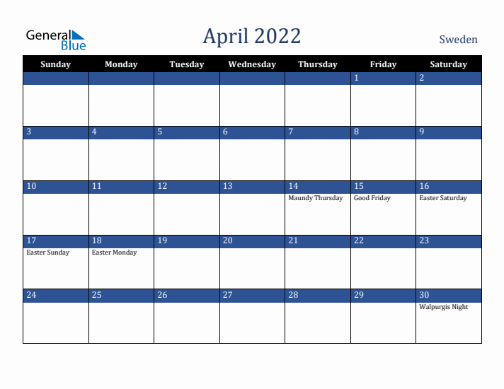 April 2022 Sweden Calendar (Sunday Start)