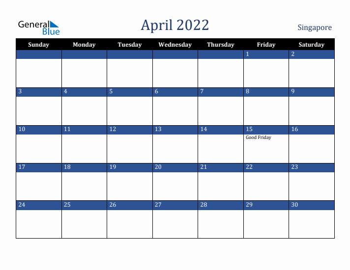 April 2022 Singapore Calendar (Sunday Start)
