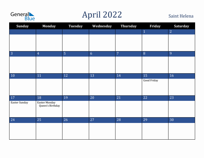 April 2022 Saint Helena Calendar (Sunday Start)