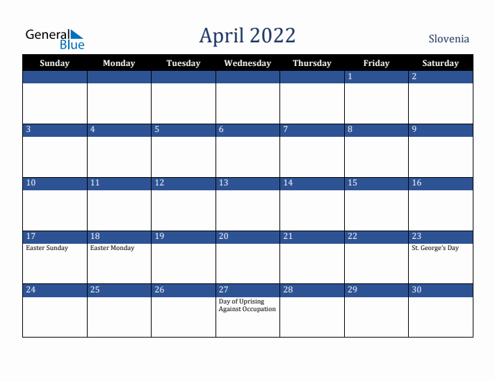 April 2022 Slovenia Calendar (Sunday Start)