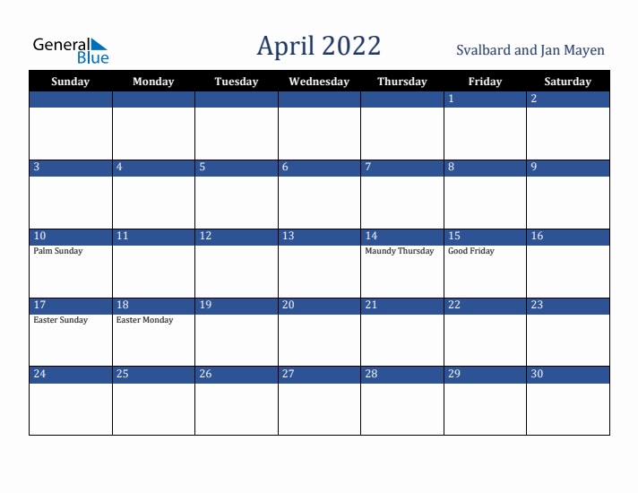 April 2022 Svalbard and Jan Mayen Calendar (Sunday Start)