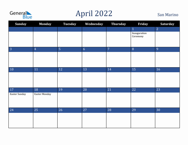 April 2022 San Marino Calendar (Sunday Start)