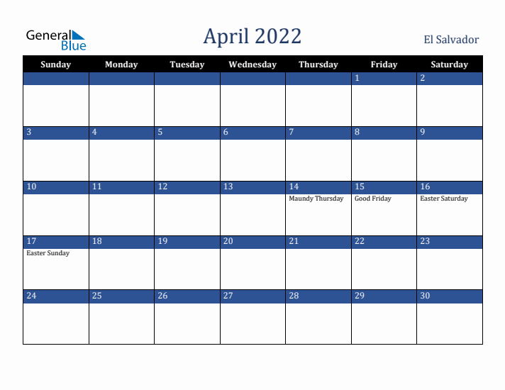 April 2022 El Salvador Calendar (Sunday Start)