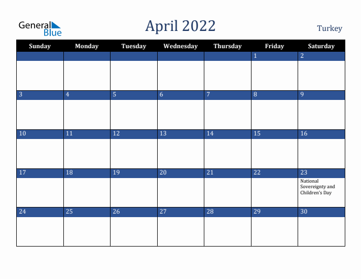 April 2022 Turkey Calendar (Sunday Start)