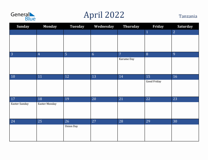 April 2022 Tanzania Calendar (Sunday Start)