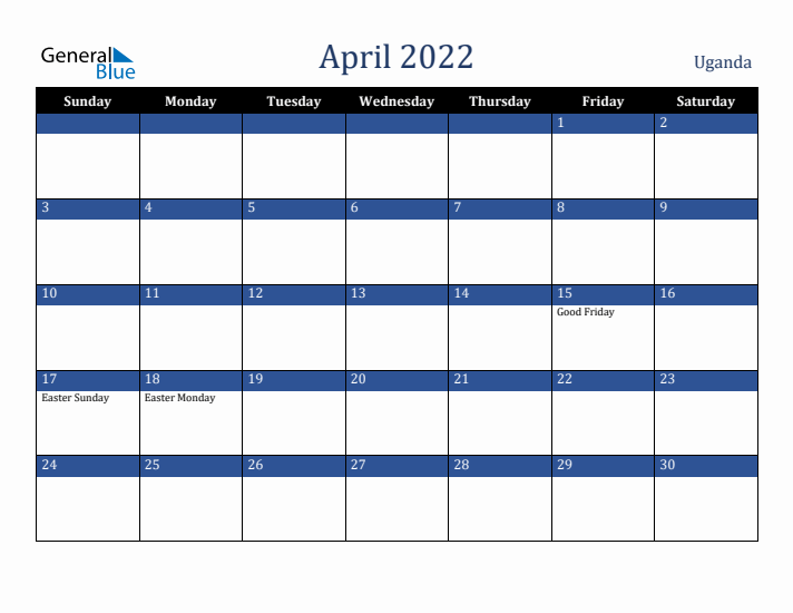 April 2022 Uganda Calendar (Sunday Start)