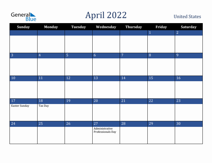 April 2022 United States Calendar (Sunday Start)