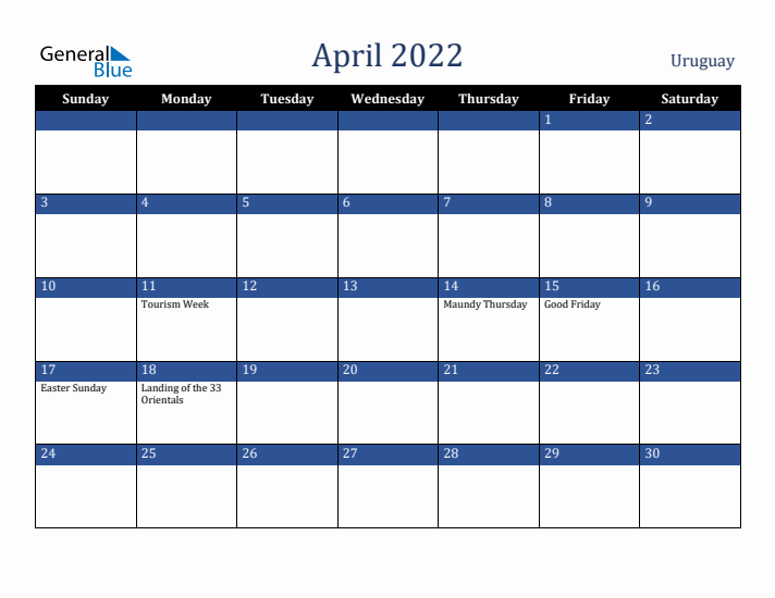 April 2022 Uruguay Calendar (Sunday Start)