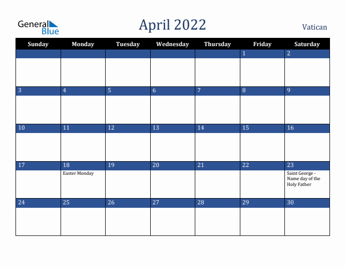 April 2022 Vatican Calendar (Sunday Start)