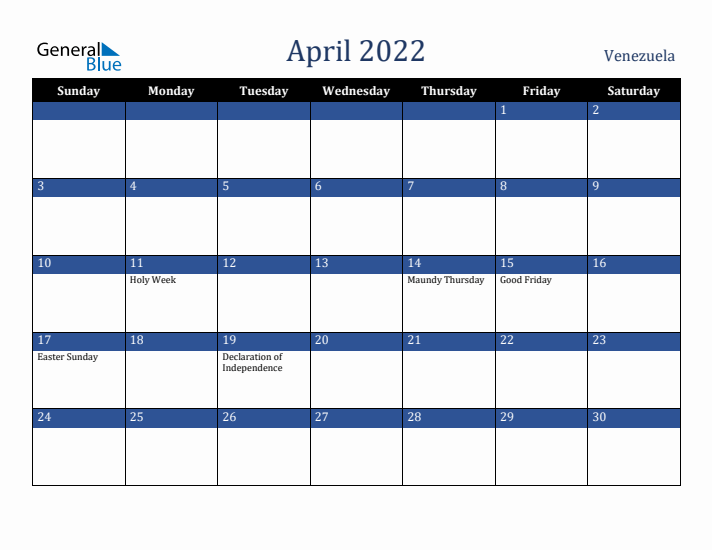 April 2022 Venezuela Calendar (Sunday Start)