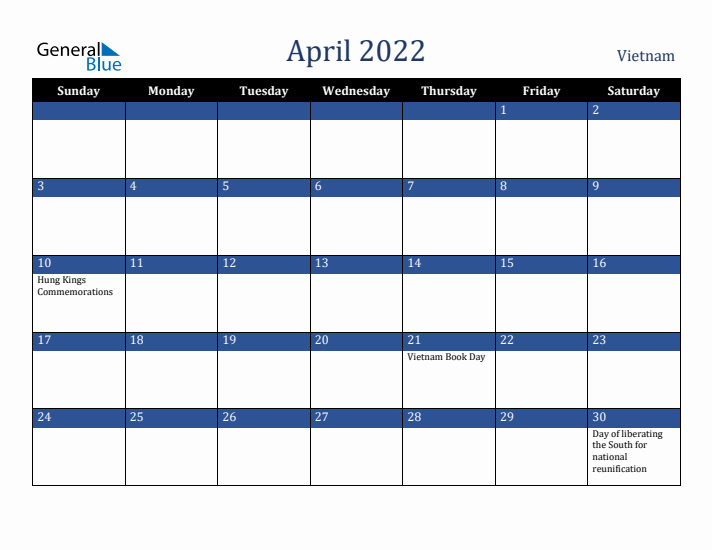 April 2022 Vietnam Calendar (Sunday Start)