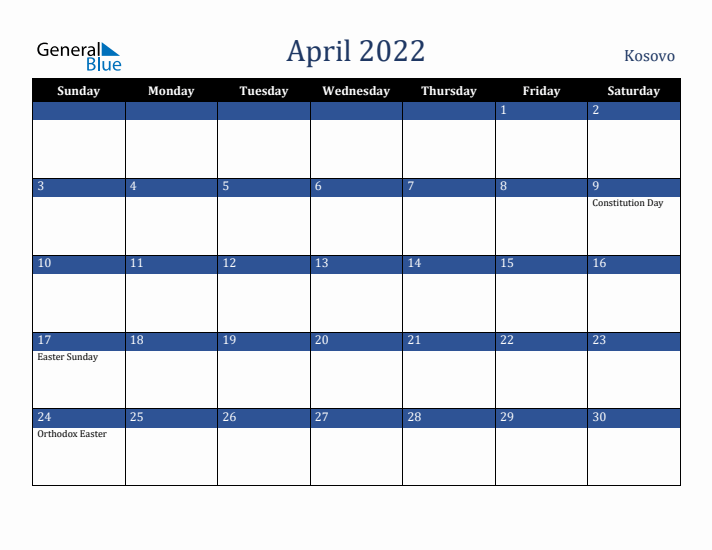 April 2022 Kosovo Calendar (Sunday Start)