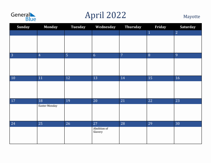 April 2022 Mayotte Calendar (Sunday Start)