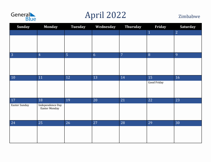 April 2022 Zimbabwe Calendar (Sunday Start)
