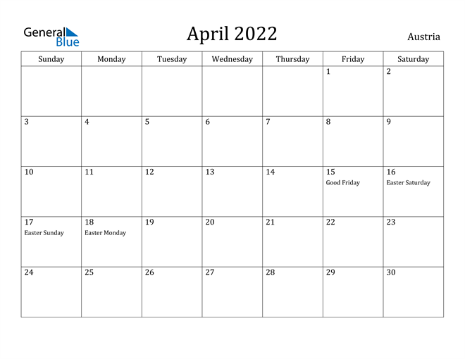 austria april 2022 calendar with holidays
