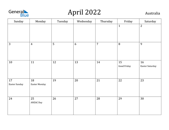 Australia April 2022 Calendar With Holidays