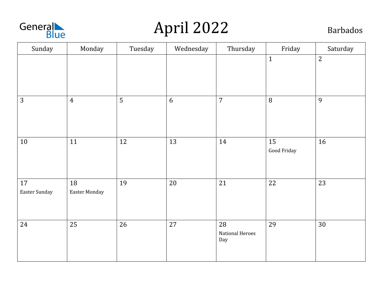 april 2022 calendar barbados