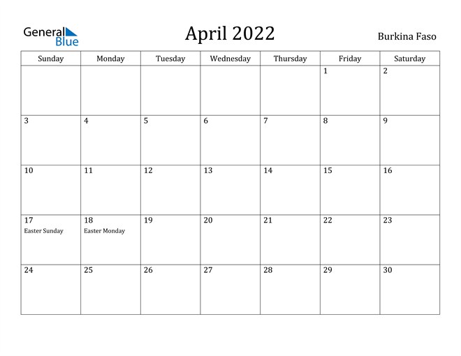 April 2022 Calendar Burkina Faso