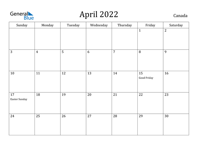 Canada April 2022 Calendar with Holidays