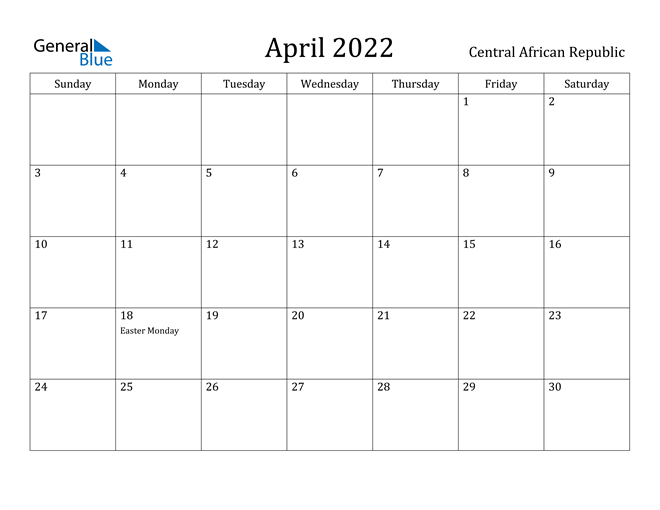 central african republic april 2022 calendar with holidays