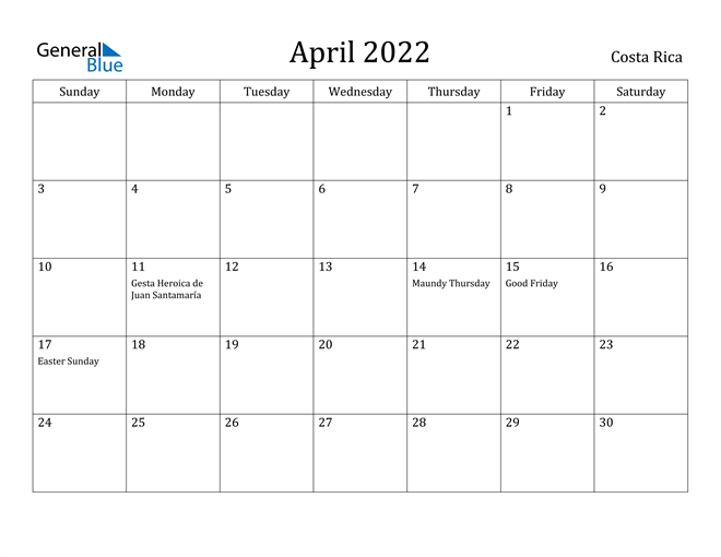 April 2022 Calendar Costa Rica