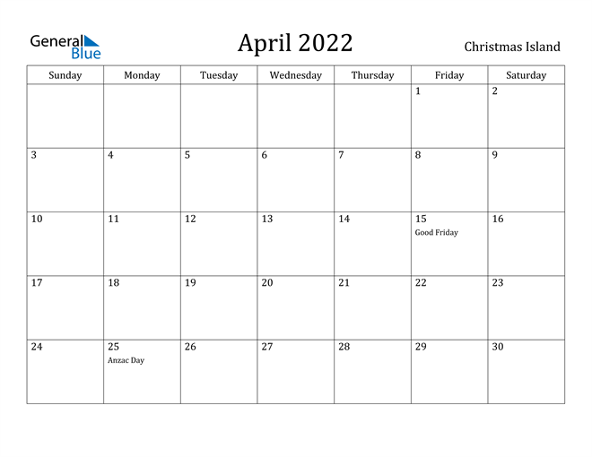 April 2022 Calendar Christmas Island