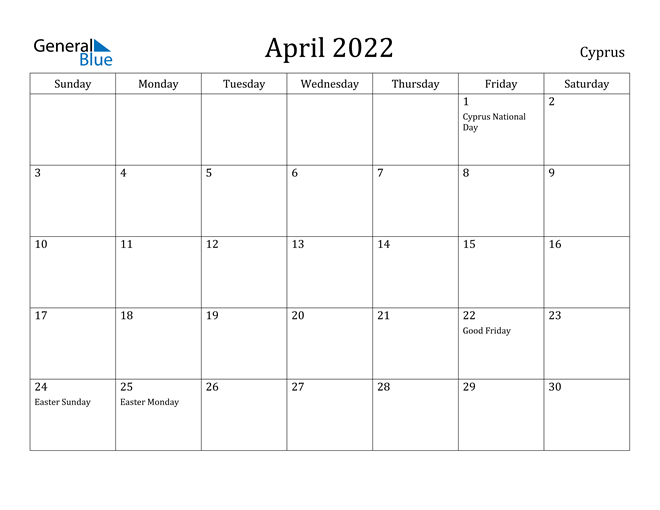 Cyprus April 2022 Calendar With Holidays
