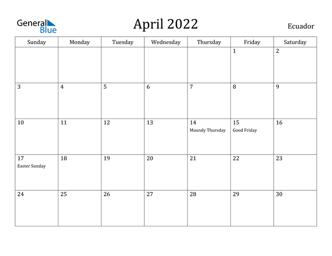 ecuador april 2022 calendar with holidays