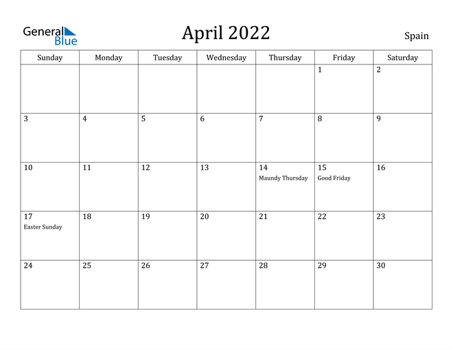 Spain April 2022 Calendar With Holidays