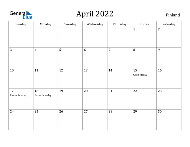 finland april 2022 calendar with holidays