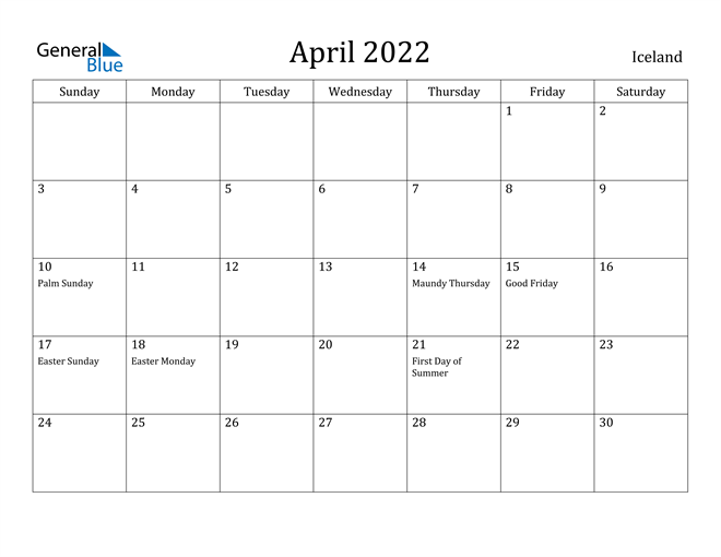 April 2022 Calendar Iceland