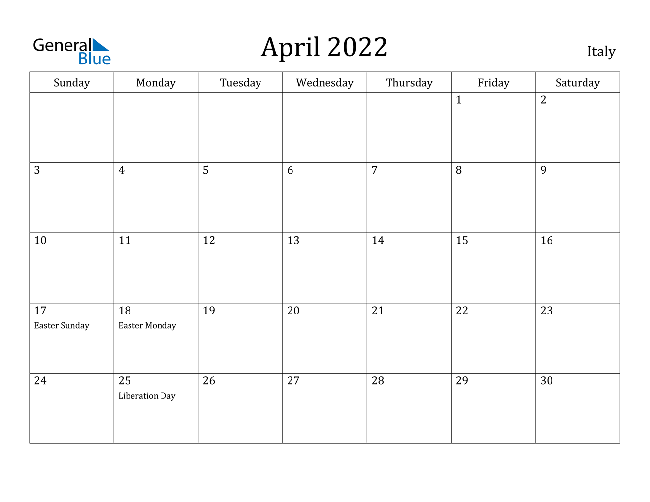 April 2022 Calendar Italy