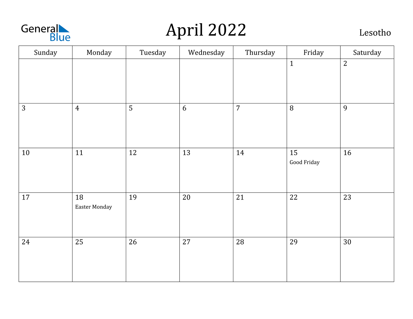 april 2022 calendar lesotho
