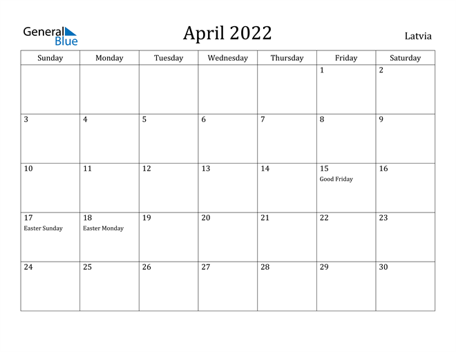 April 2022 Calendar Latvia