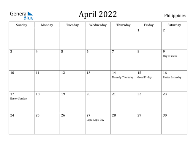 April 2022 Calendar Philippines