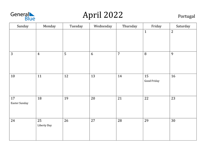 April 2022 Calendar Portugal