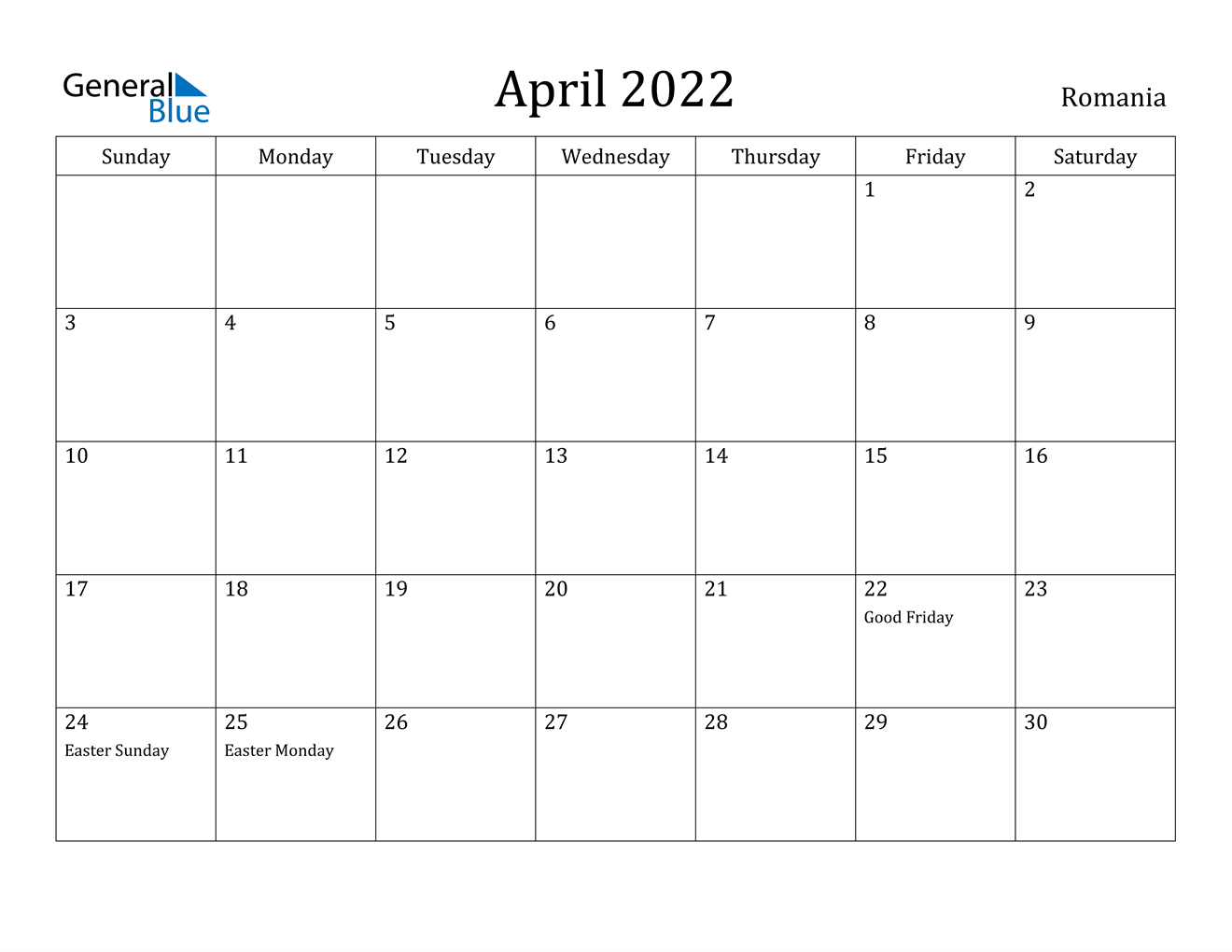 april 2022 calendar romania