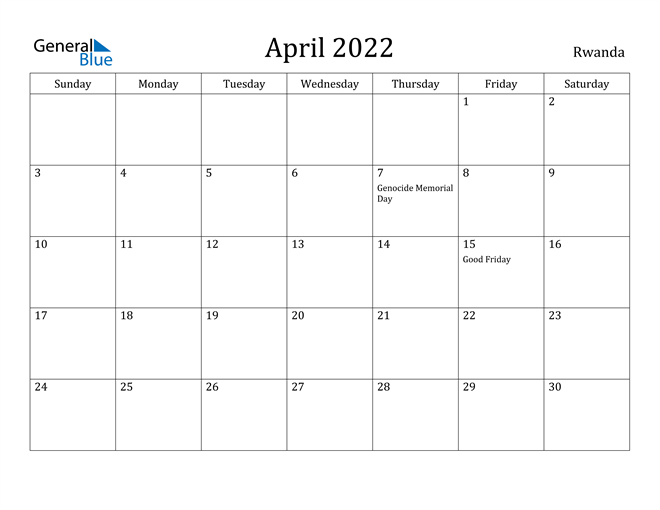 April 2022 Calendar Rwanda